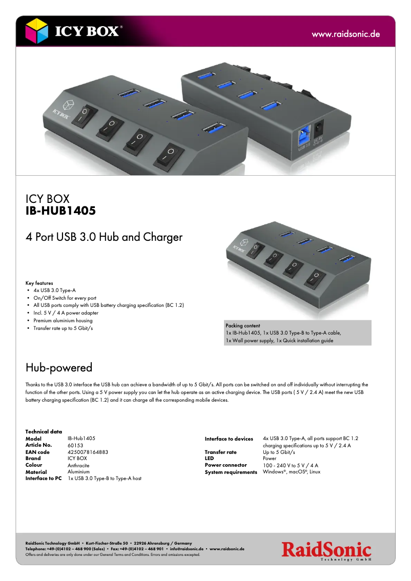 Page 1 de la notice Fiche technique Icy Box IB-HUB1405