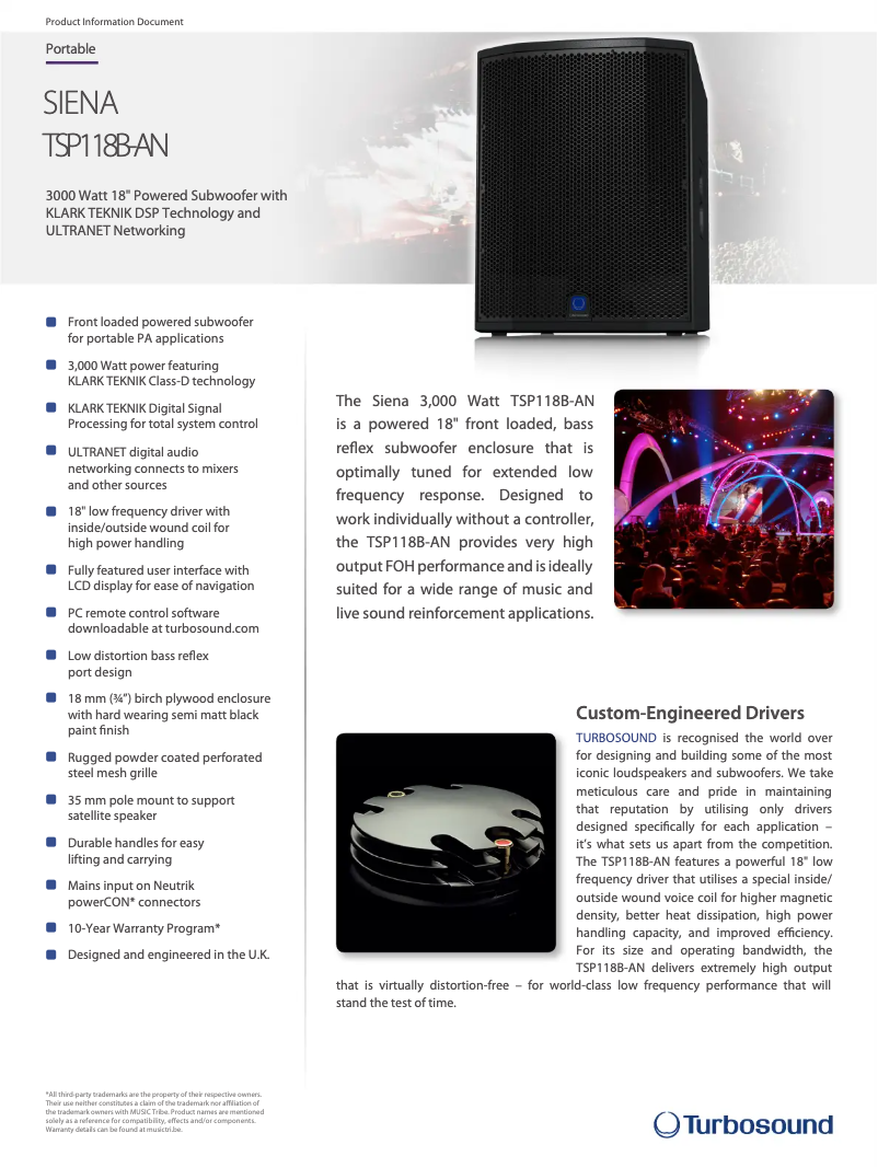 Page n°1 - Fiche technique Turbosound Siena TSP118B-AN