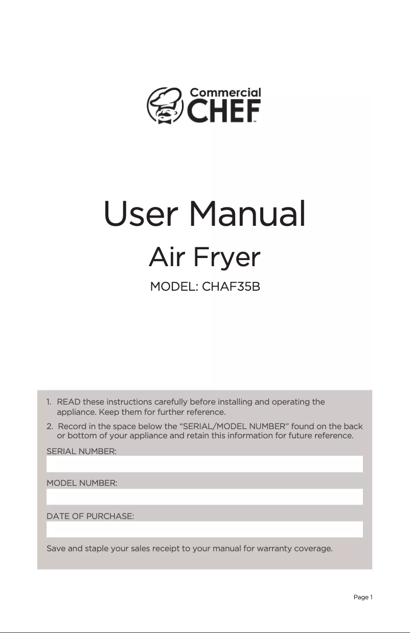 Image de la première page du manuel de l'appareil Air Fryer CHAF35B