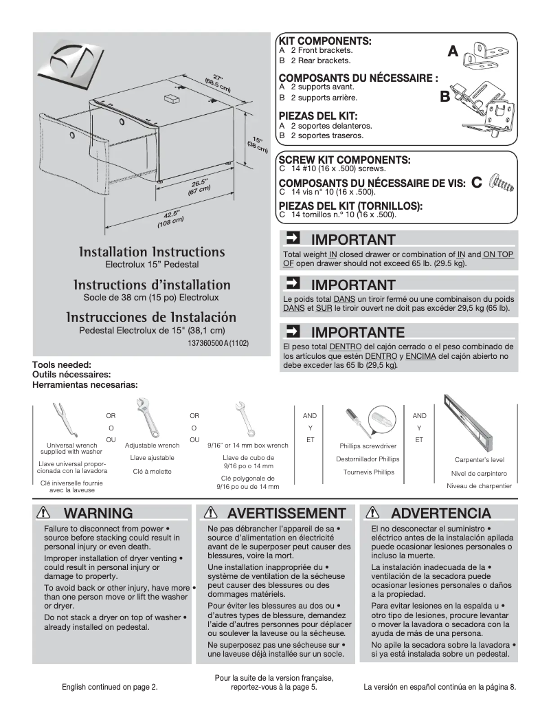 Page 1 de la notice Manuel utilisateur Electrolux EPWD15SS