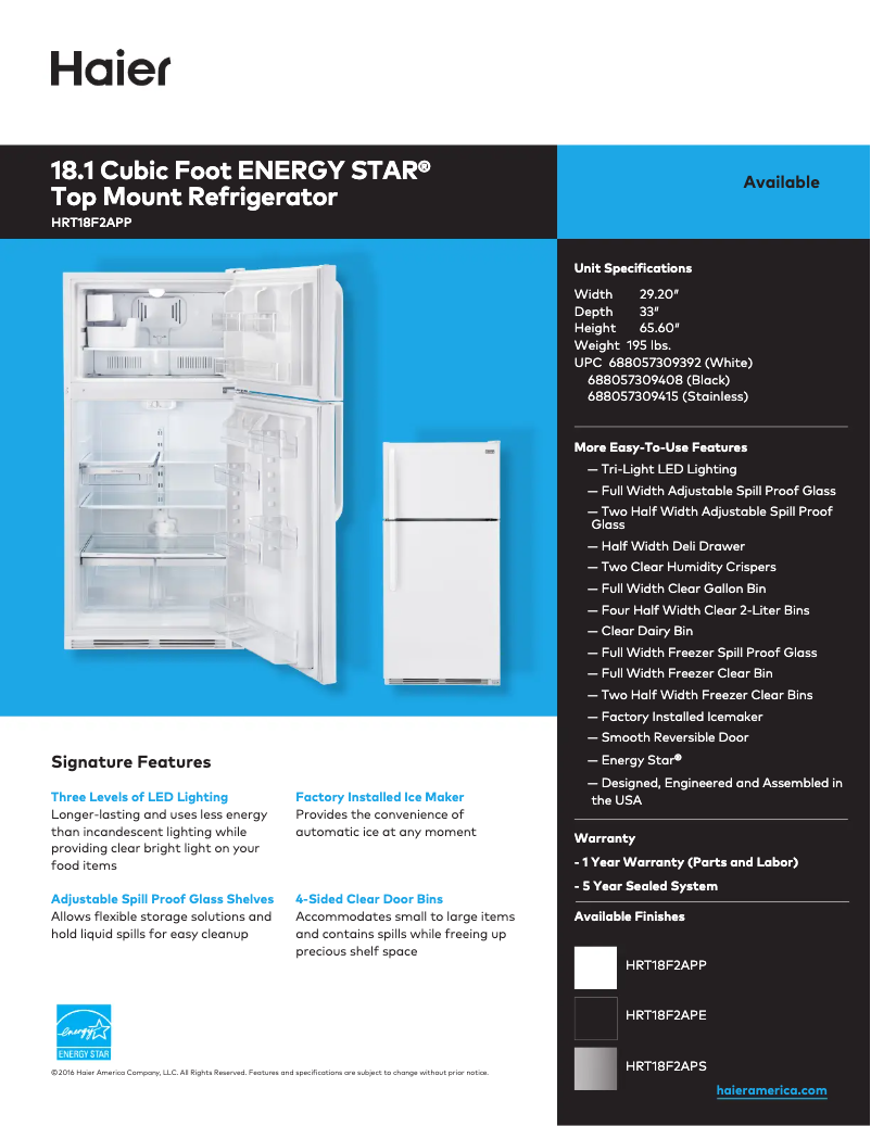 Page 1 de la notice Fiche technique Haier HRT18F2APE