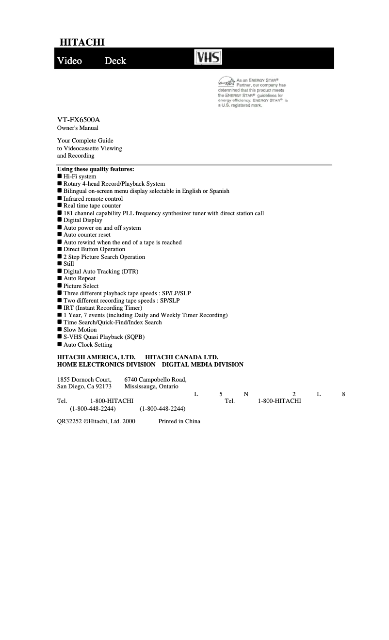 Page n°1 - Manuel utilisateur Hitachi VT-MX6500A