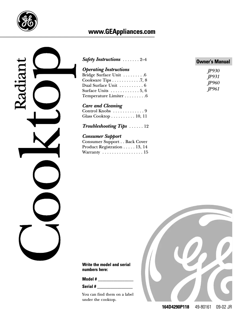 Page 1 of the manual Use and Maintenance Manual GE Profile JP930TCWW