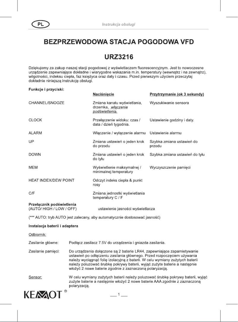 Page 1 de la notice Manuel utilisateur Kemot URZ3216