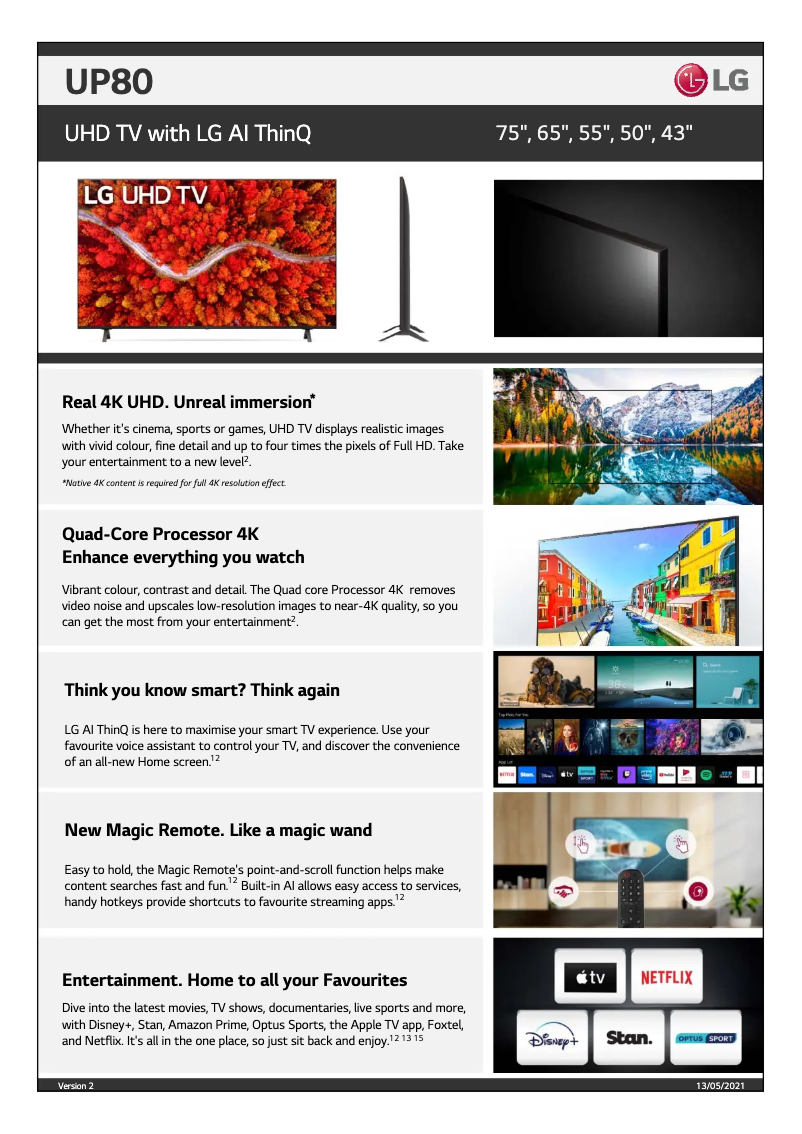 Page 1 de la notice Fiche technique LG 65UP8000PTB