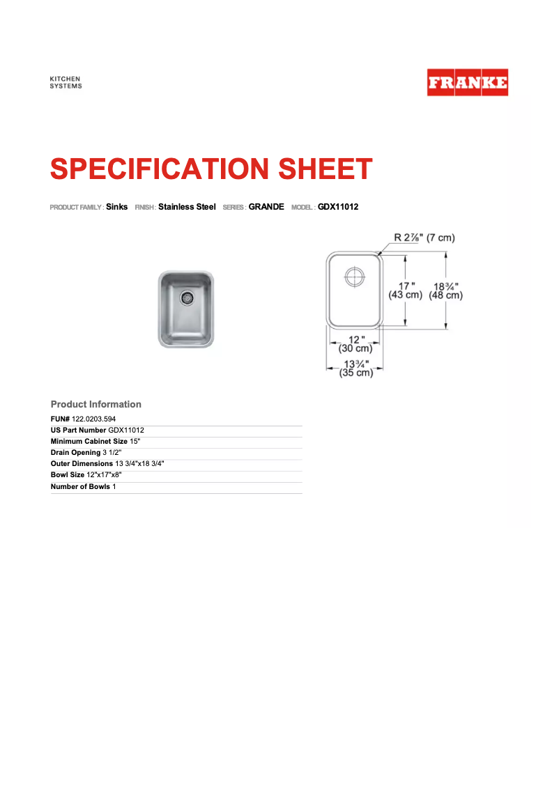 Page 1 de la notice Fiche technique Franke Grande GDX11012