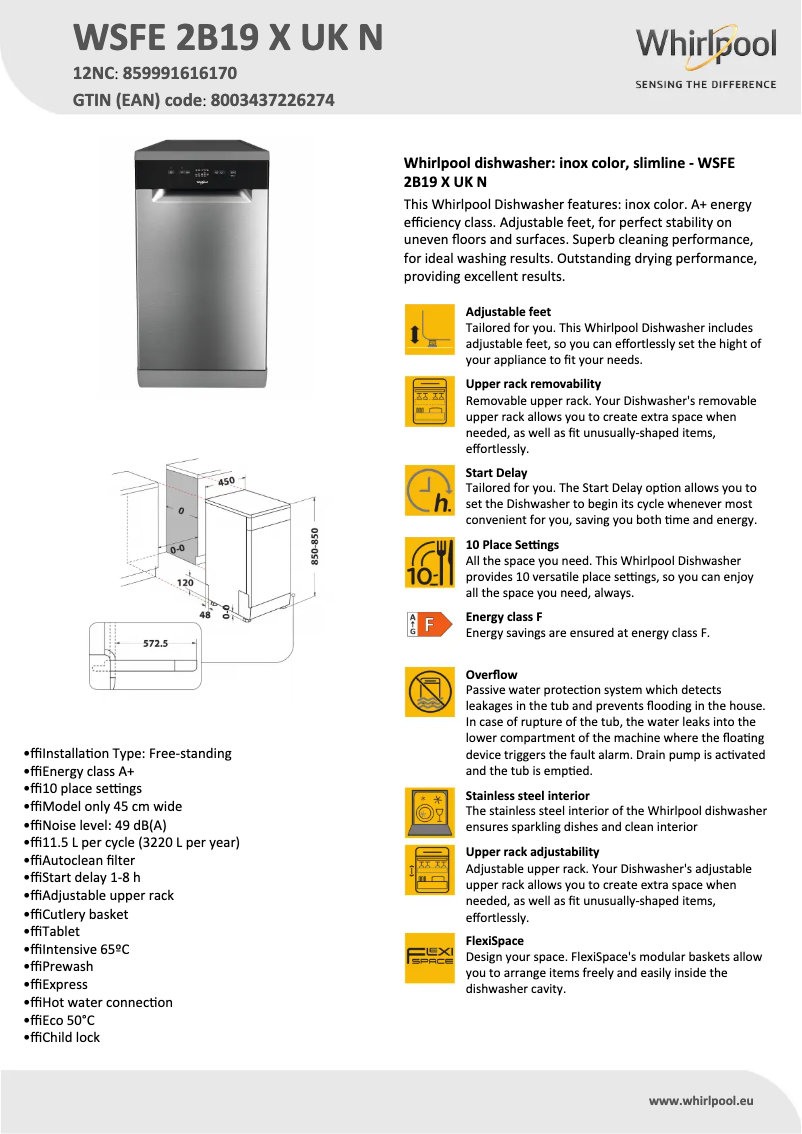 Page n°1 - Fiche technique Whirlpool WSFE 2B19 X UK