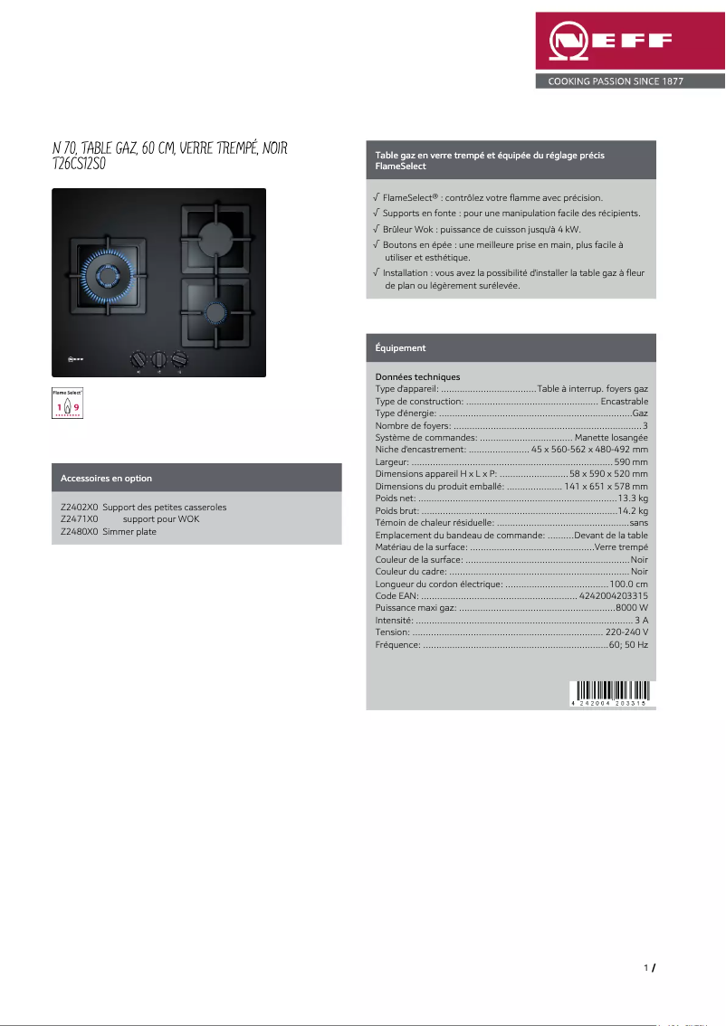 Page 1 de la notice Fiche technique Neff T26CS12S0