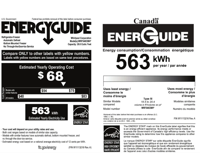Page 1 de la notice Label énergétique Whirlpool WRF540CWHZ