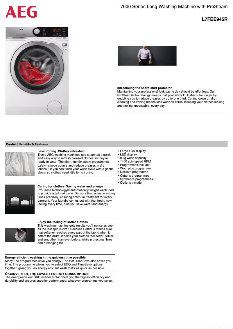 Page 1 de la notice Fiche technique AEG L7FEE945R