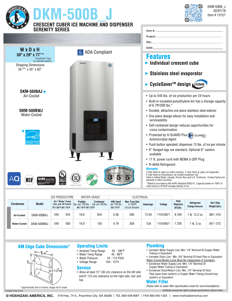 Page n°1 - Fiche technique Hoshizaki DKM-500BAJ