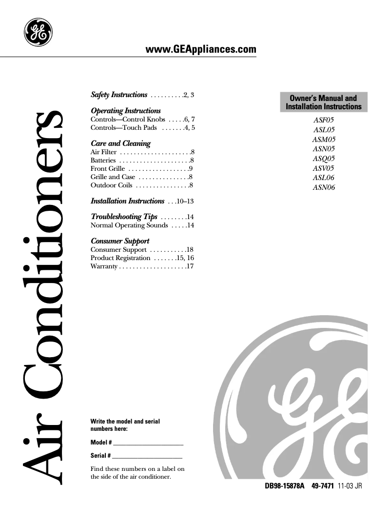 Page n°1 - Guide d'installation GE ASL05LA