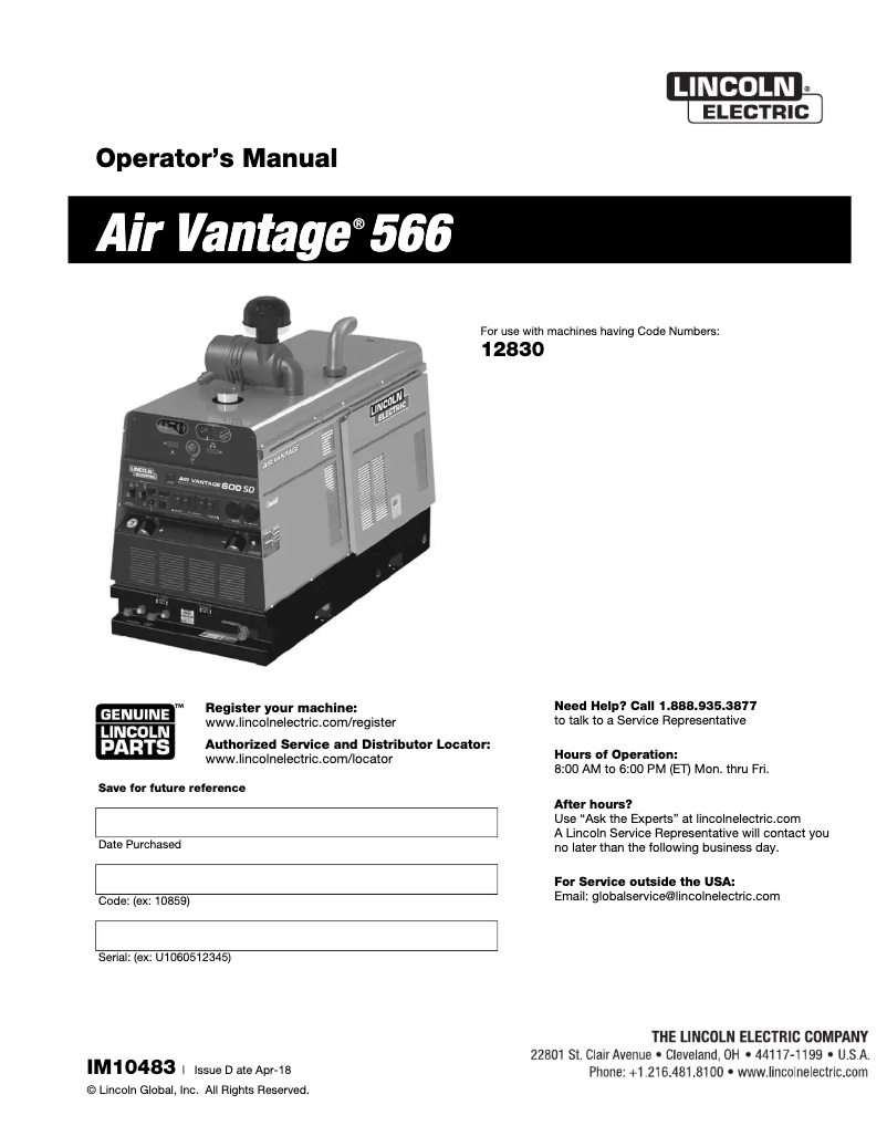 Página 1 del manual Manual de usuario Lincoln Electric Air Vantage 566