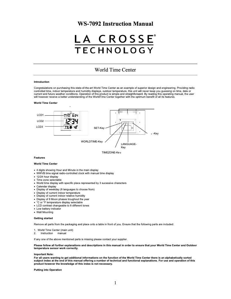 Página 1 del manual Manual de usuario La Crosse Technology WS-7092U