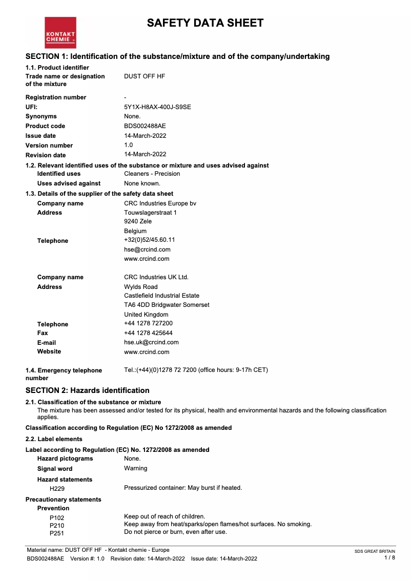 Image de la première page du manuel de l'appareil DUST OFF HF