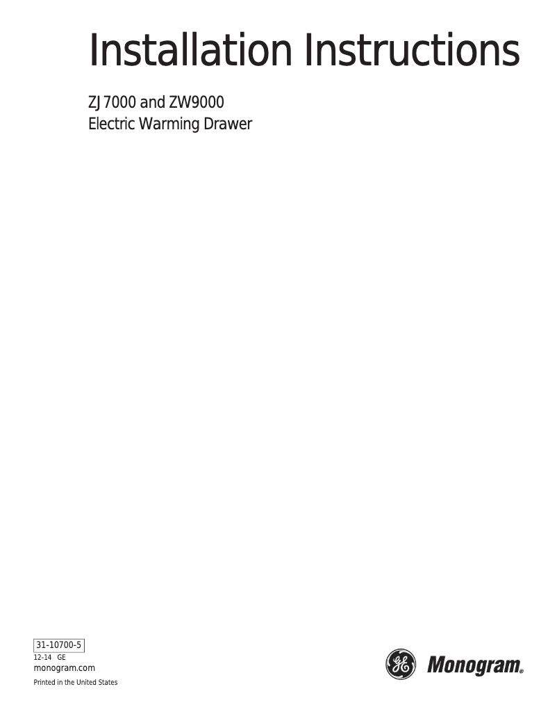 Page n°1 - Guide d'installation Monogram ZJ7000SJSS