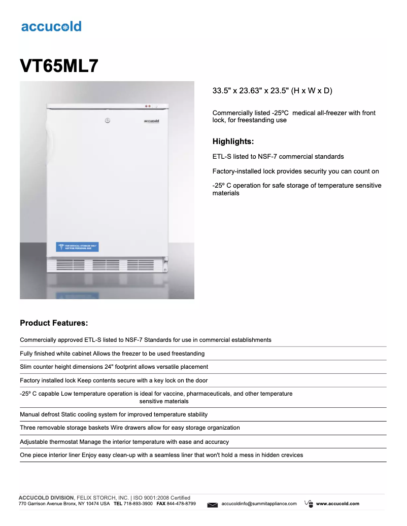 Page n°1 - Fiche technique Summit Accucold VT65ML7