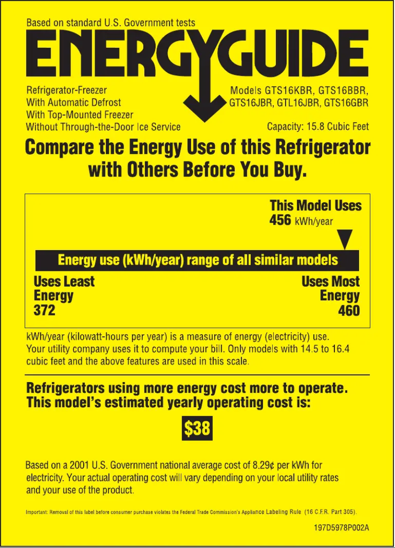 Page 1 de la notice Label énergétique GE GTS16BBRLBB