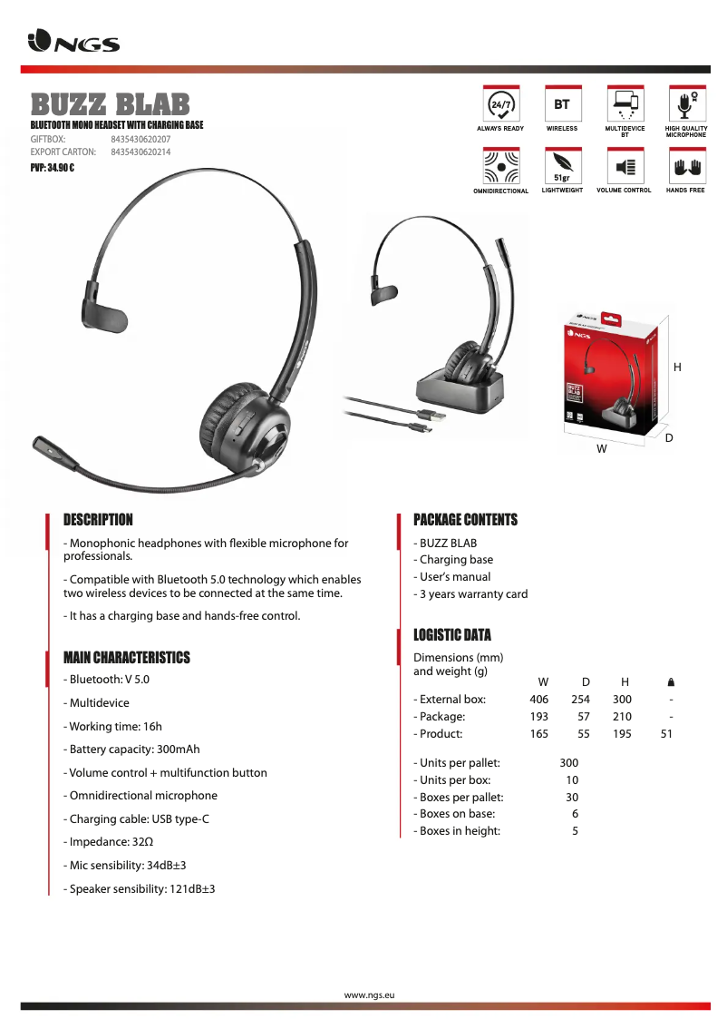 Página 1 del manual Ficha técnica NGS Buzz Blab