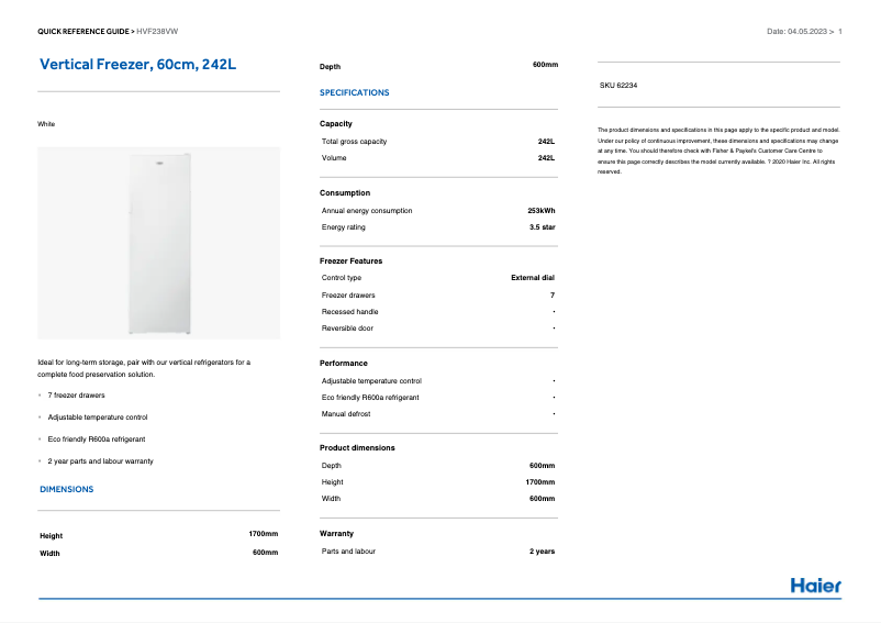 Page n°1 - Informations de garantie Haier HVF238VW