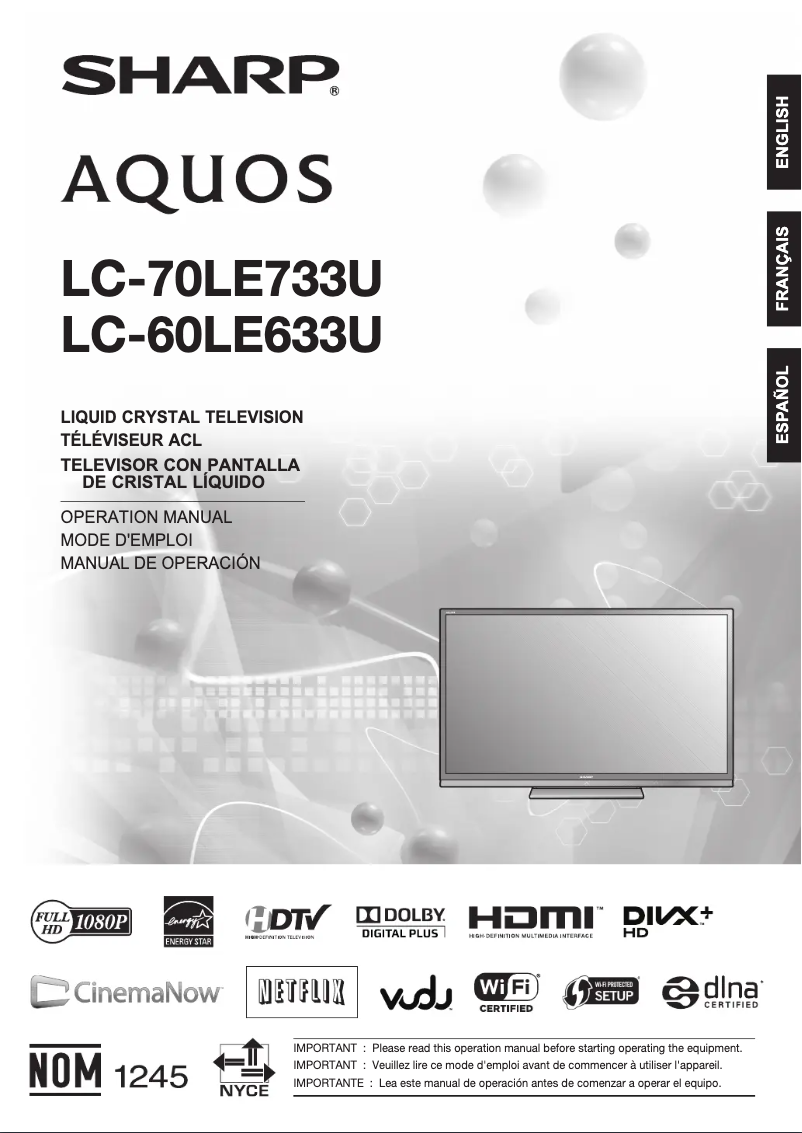 Page 1 de la notice Manuel utilisateur Sharp Aquos LC-70LE733U