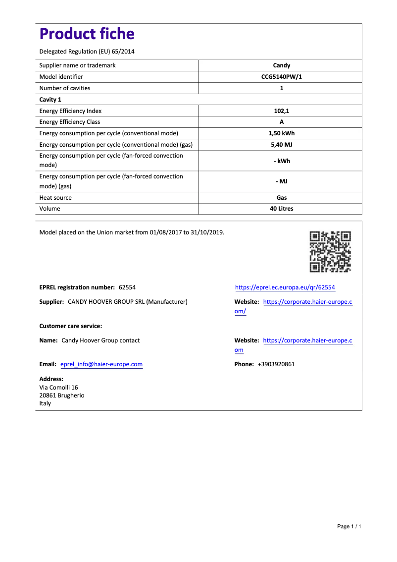 Page n°1 - Manuel utilisateur Candy CCG5140PW/1