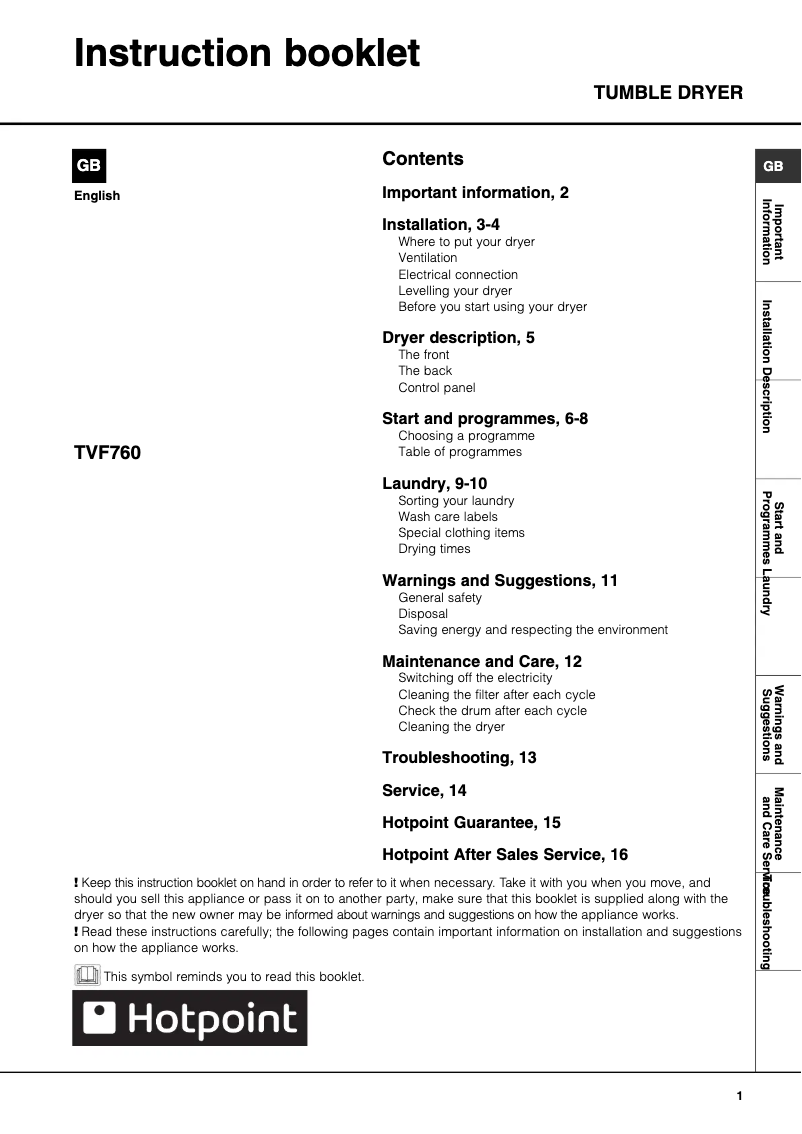 Page n°1 - Manuel utilisateur Hotpoint TVF760P