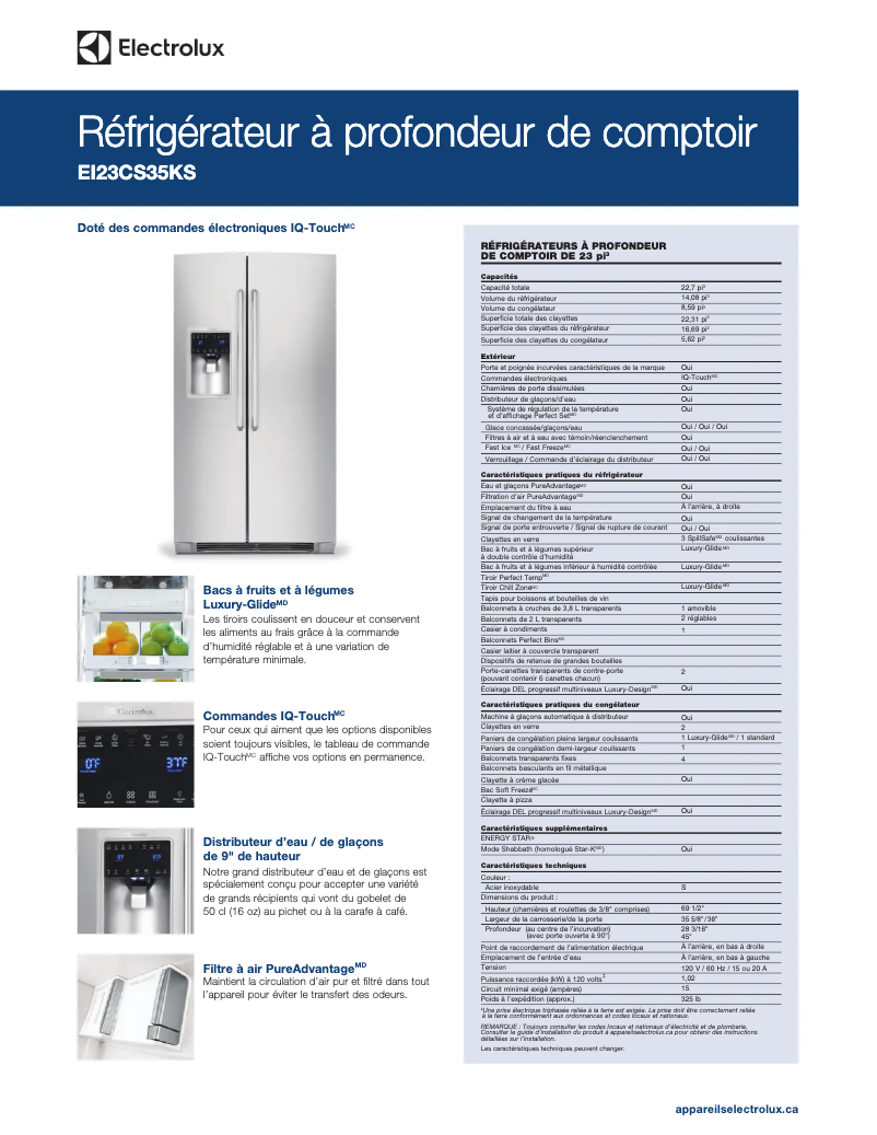 Page 1 de la notice Fiche technique Electrolux EI23CS35KB