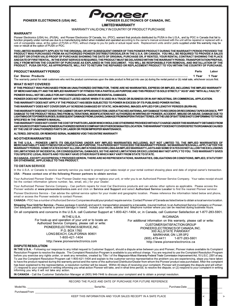 Page 1 de la notice Informations de garantie Pioneer AVIC-U220