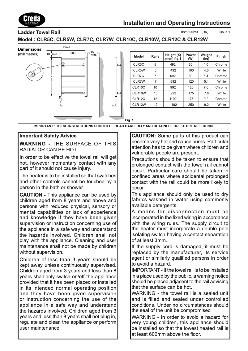 Page 1 de la notice Manuel utilisateur Creda CLR12C