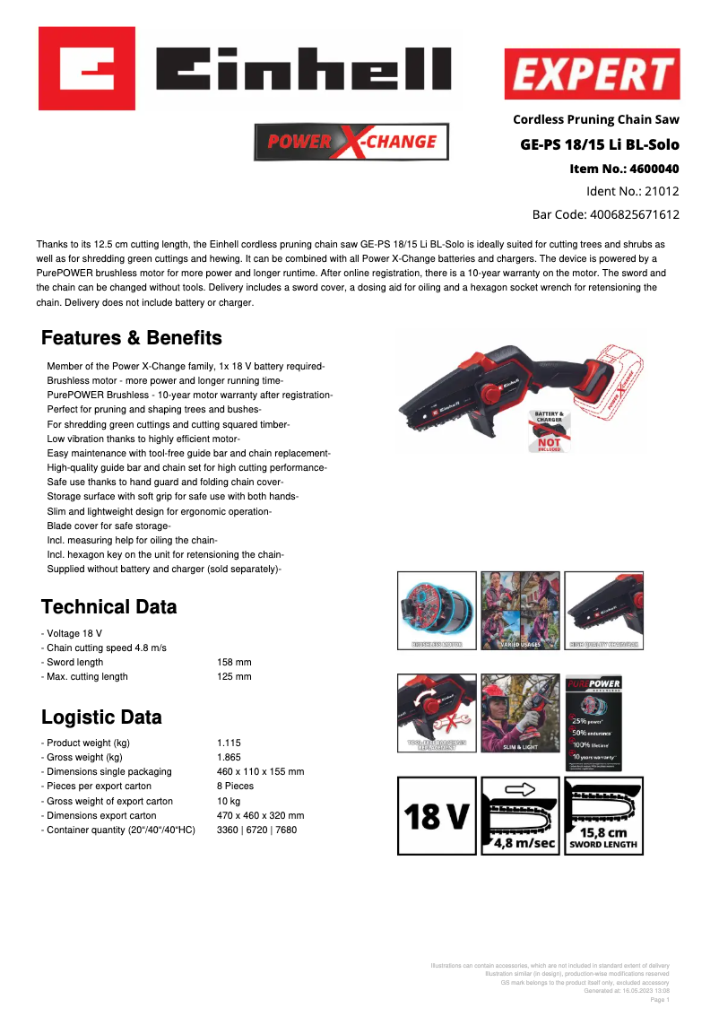 Page n°1 - Fiche technique Einhell GE-PS 18/15 Li BL