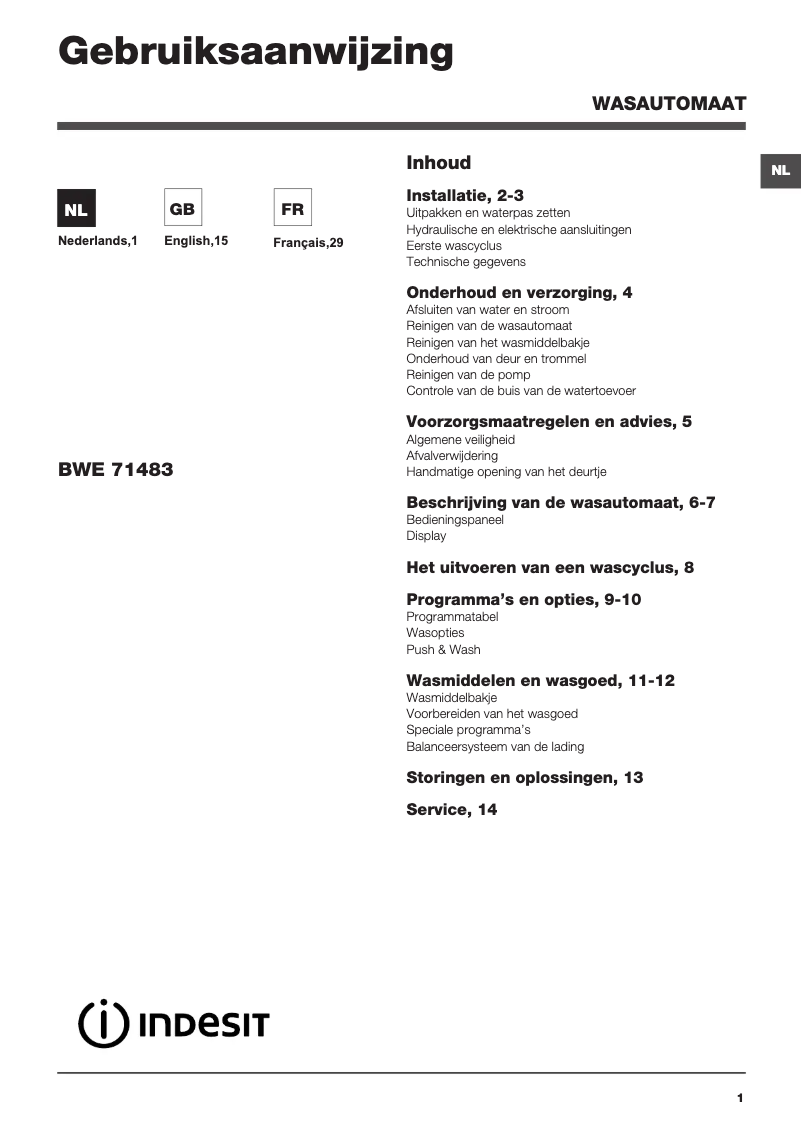 Page 1 de la notice Manuel utilisateur Indesit BWE 71483X W NL
