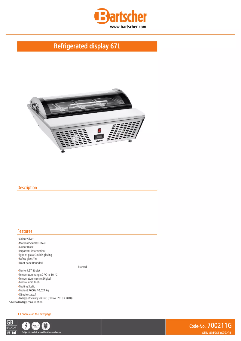 Page 1 de la notice Fiche technique Bartscher 700211G
