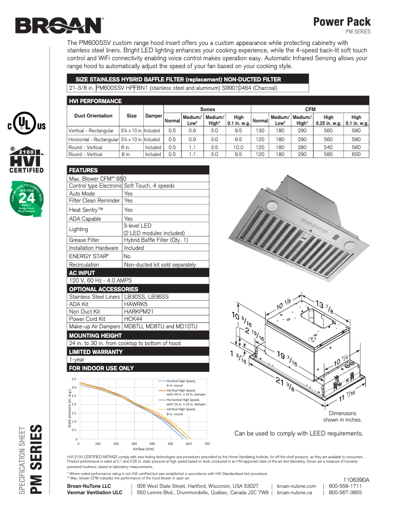Page n°1 - Fiche technique Broan Elite PM600SSV