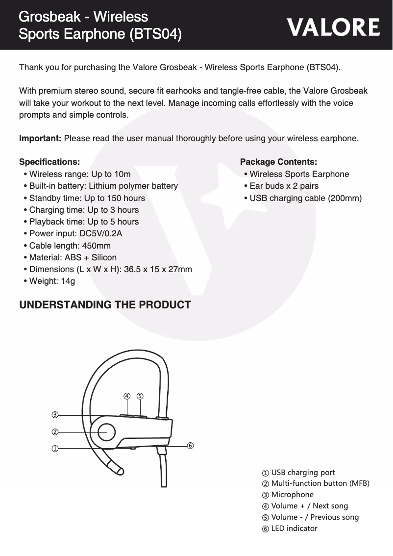 Page 1 de la notice Manuel utilisateur Valore BTS04