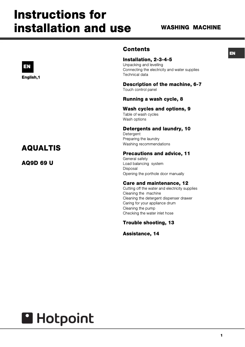 Page 1 de la notice Manuel utilisateur Hotpoint AQ9D 69 I v