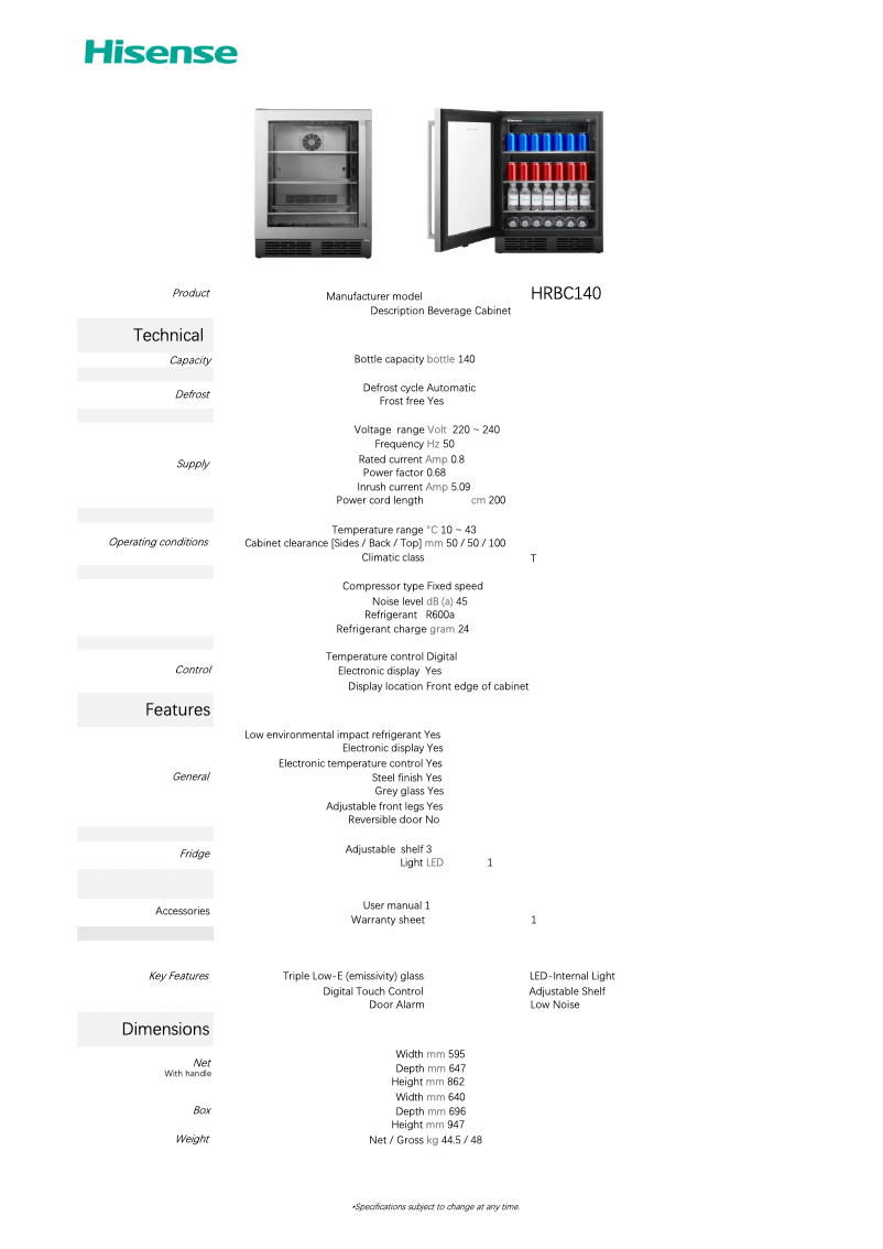 Page 1 de la notice Fiche technique Hisense HRBC140