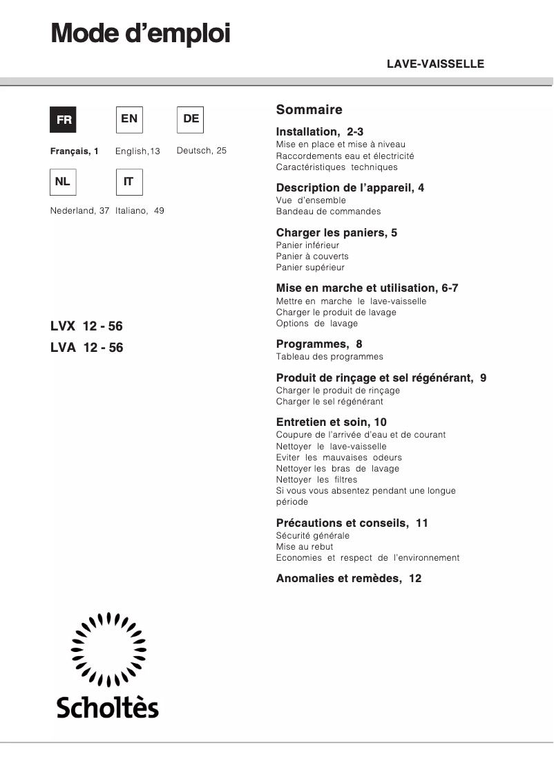 Page 1 de la notice Manuel utilisateur Scholtès LVA 12-56