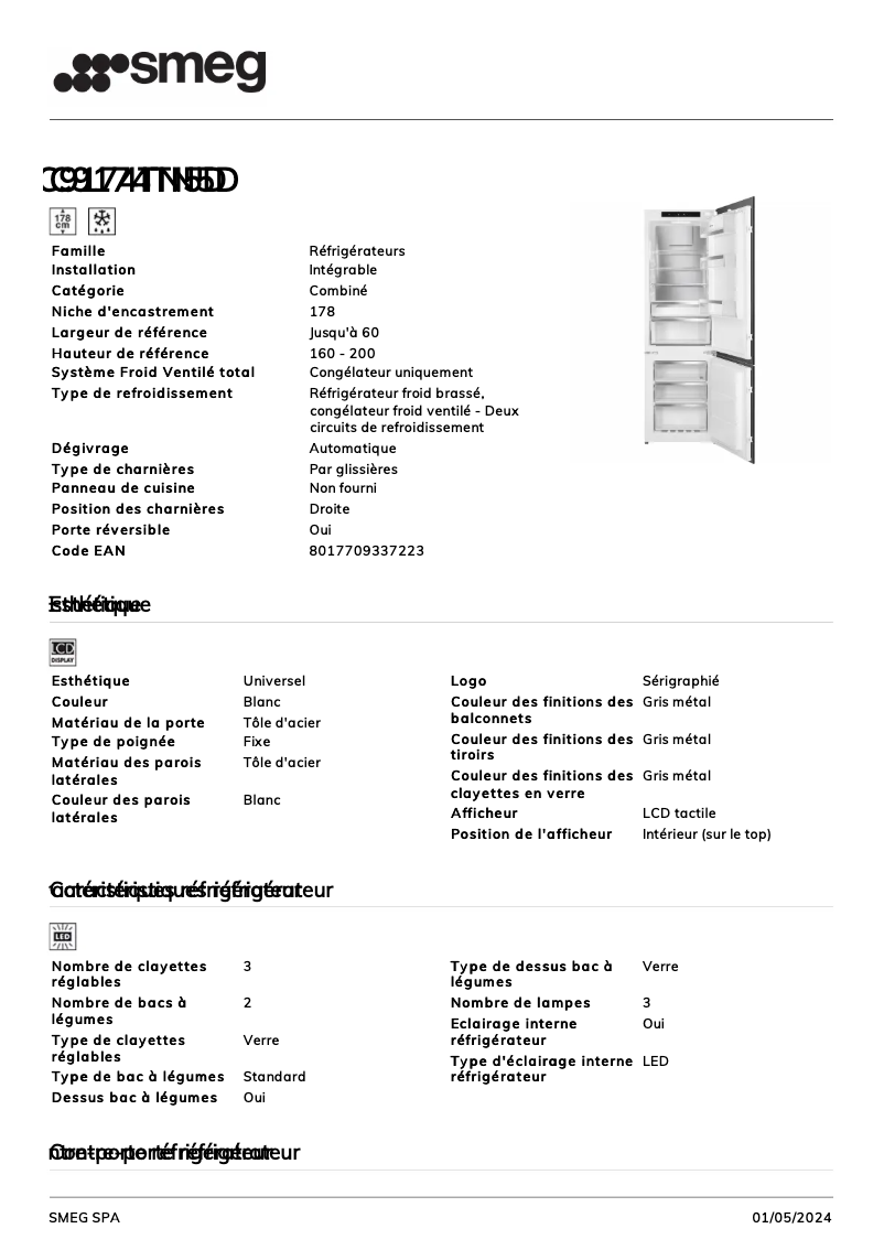 Page 1 de la notice Fiche technique Smeg C9174TN5D