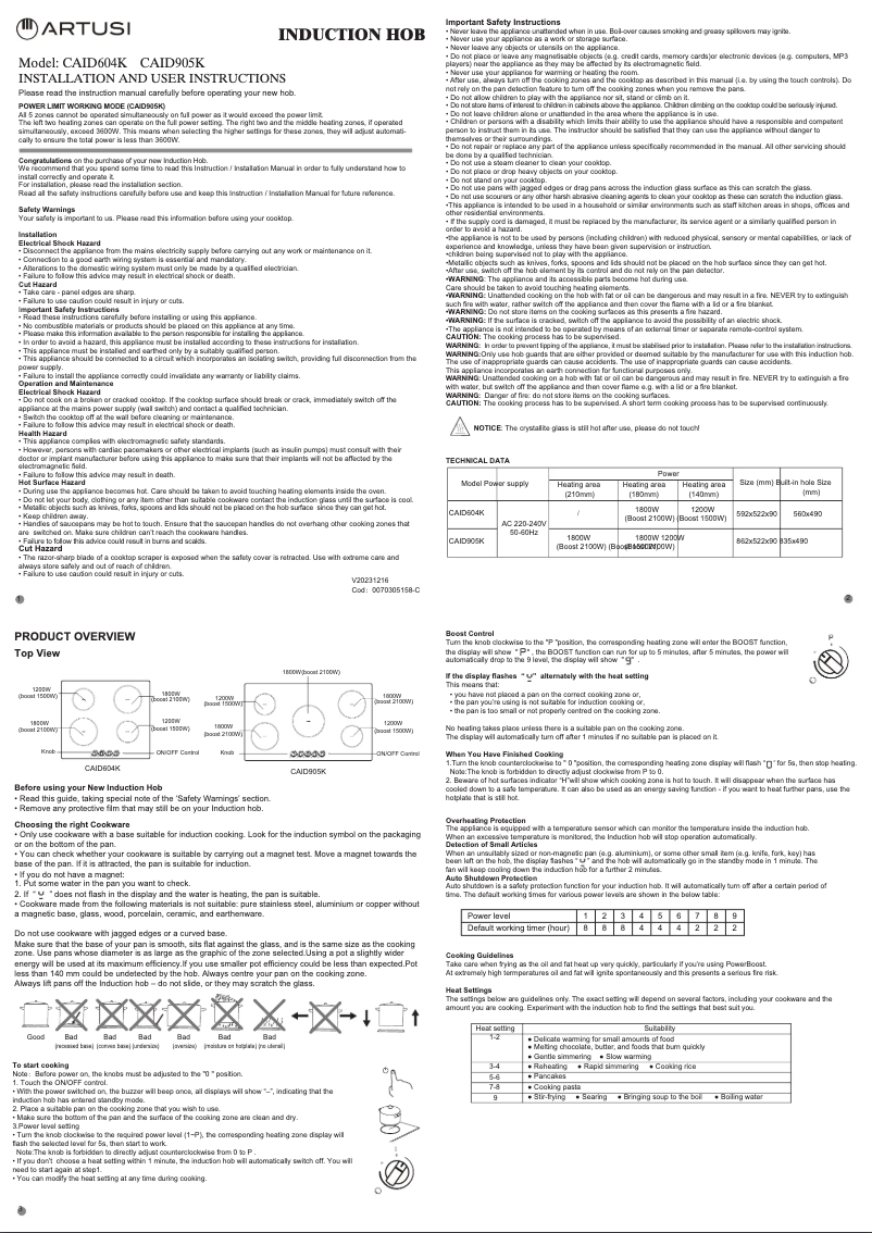Page n°1 - Manuel utilisateur Artusi CAID905KX