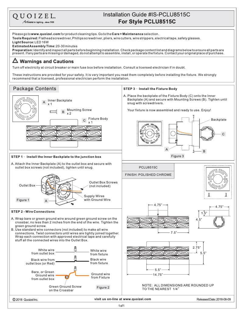 Page 1 de la notice Manuel utilisateur Quoizel PCLU8515C