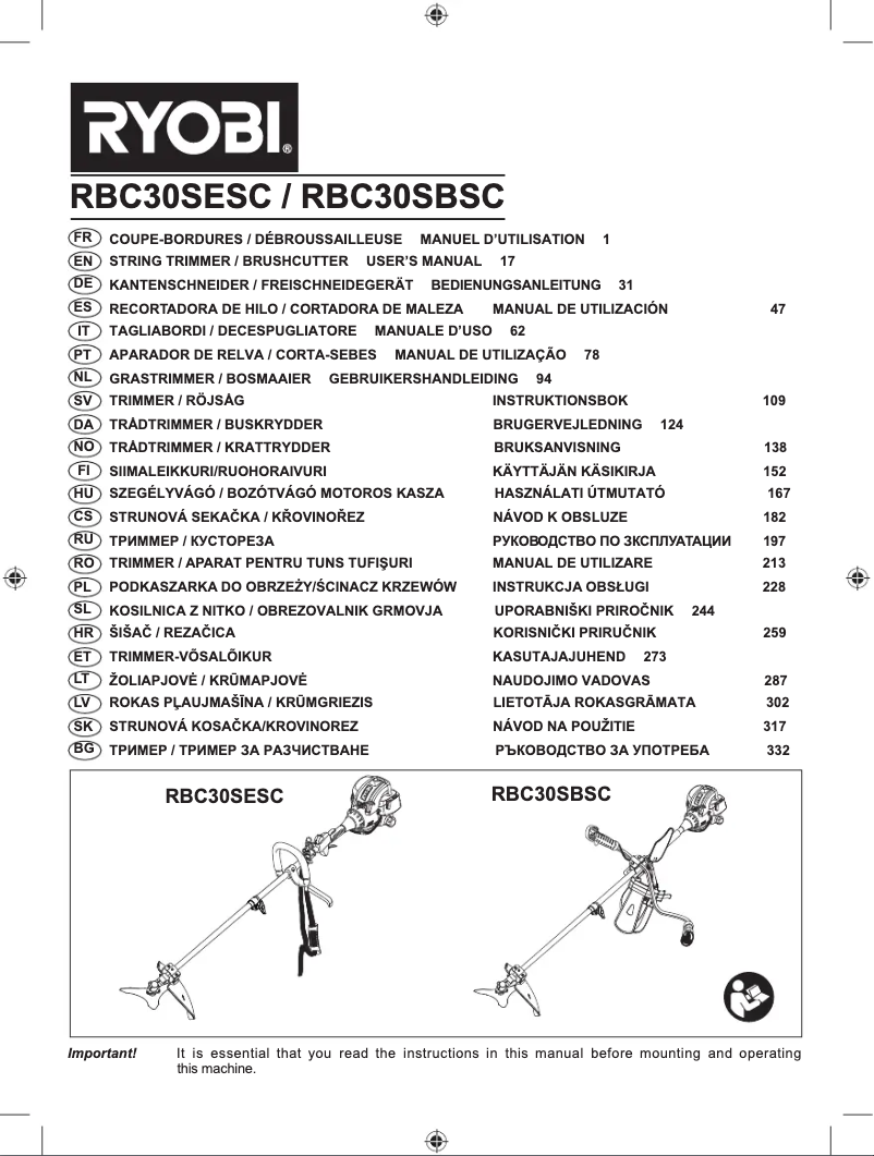 Page 1 de la notice Manuel utilisateur RYOBI RBC30SESC