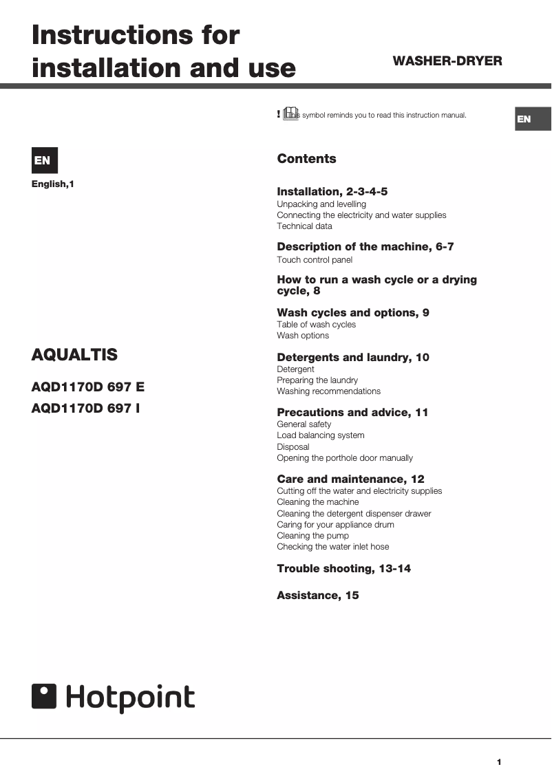 Page n°1 - Manuel utilisateur Hotpoint Ariston Aqualtis AQD1170D 697 E