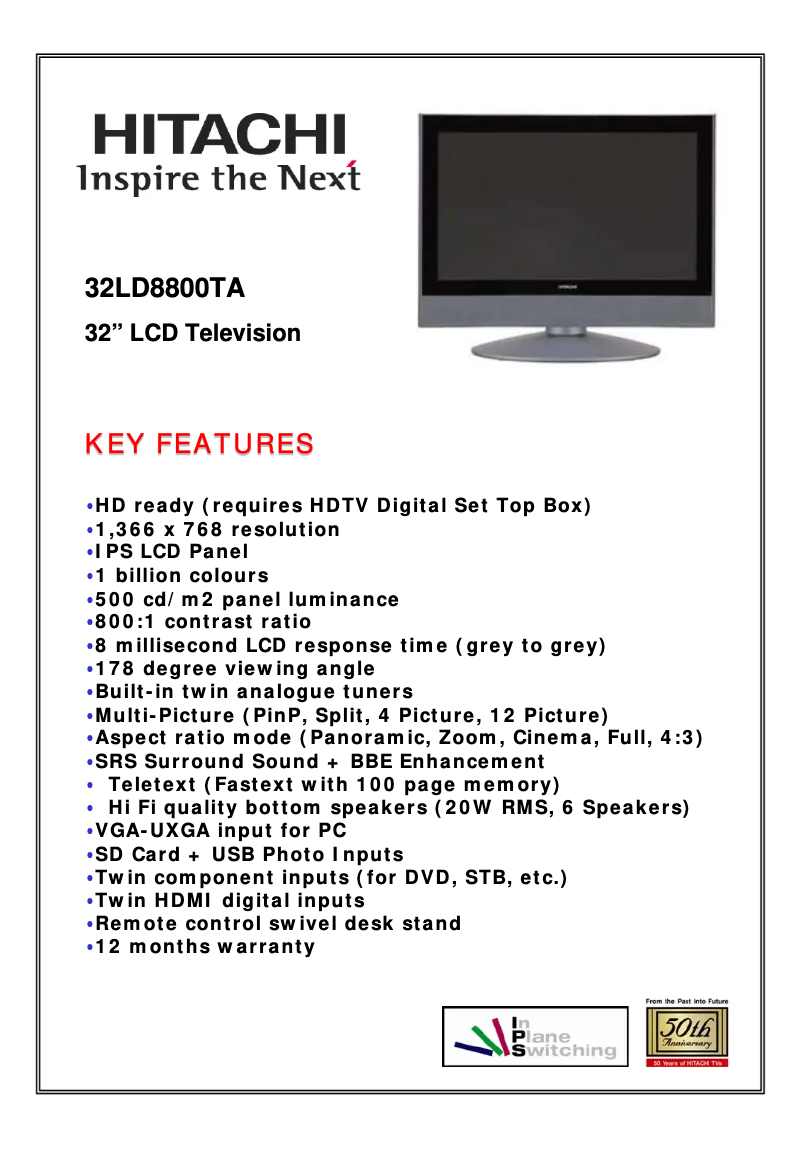 Page 1 de la notice Fiche technique Hitachi 32LD8800TA