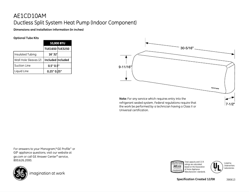 Page 1 de la notice Fiche technique GE AE1CD10AM