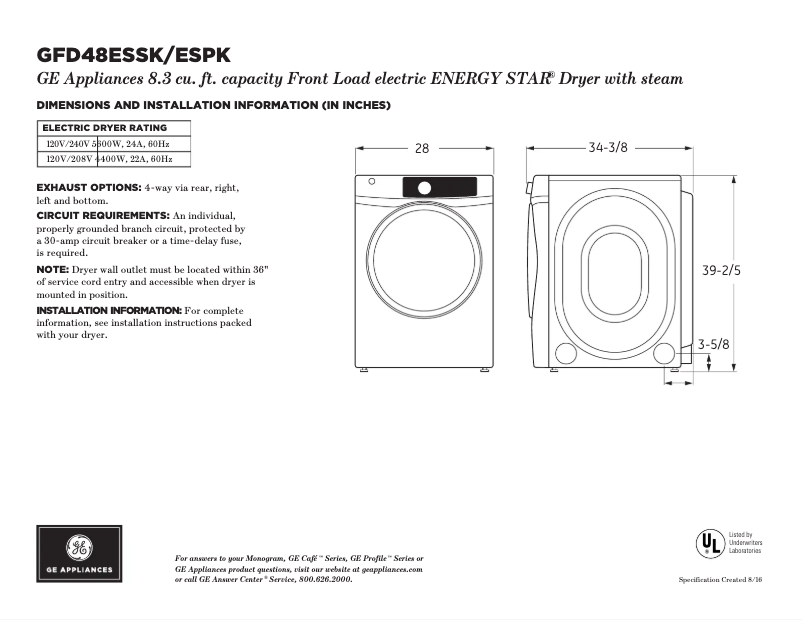 Page n°1 - Fiche technique GE GFD48ESPKRR