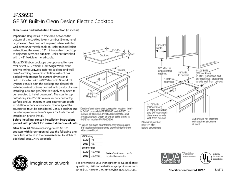 Página 1 del manual Ficha técnica GE JP336SDSS