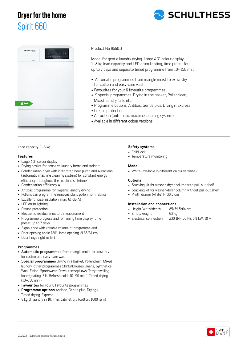 Page 1 de la notice Fiche technique Schulthess Spirit 660