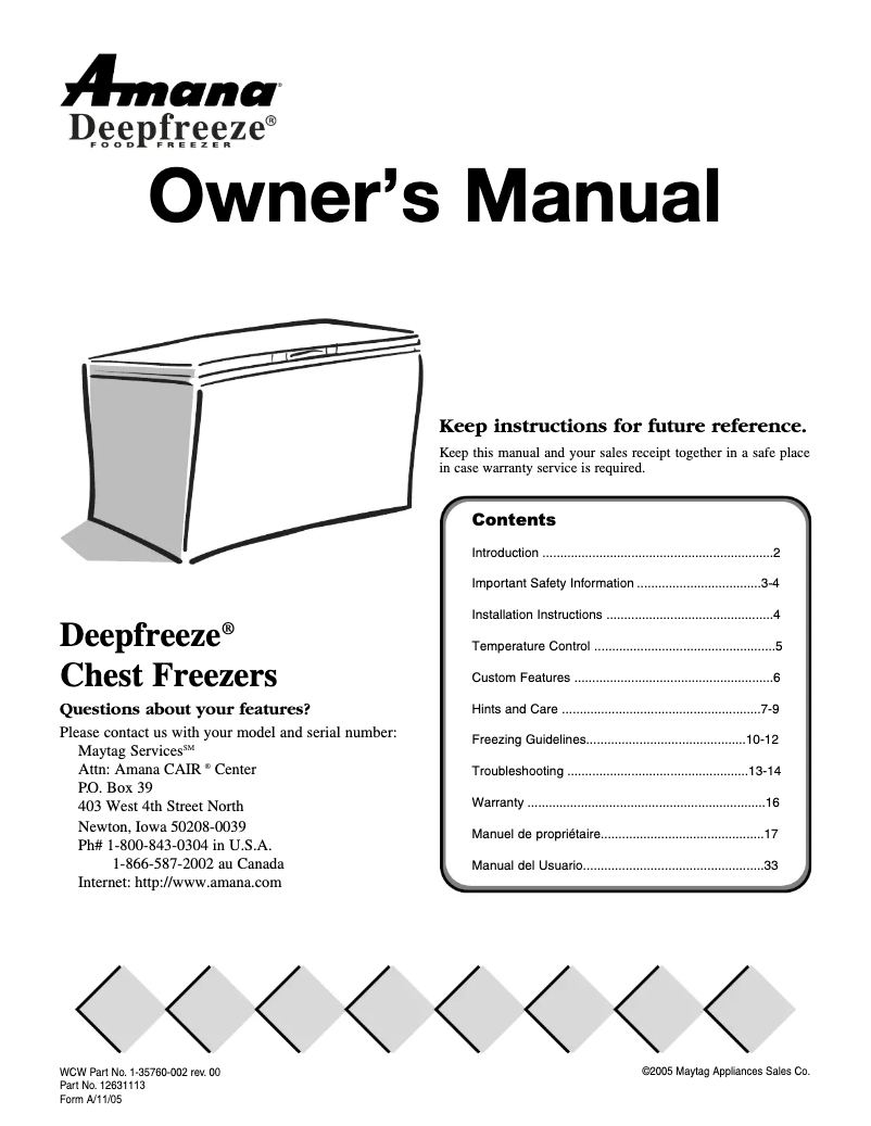 Page 1 of the manual User Manual Amana AFC1005BW
