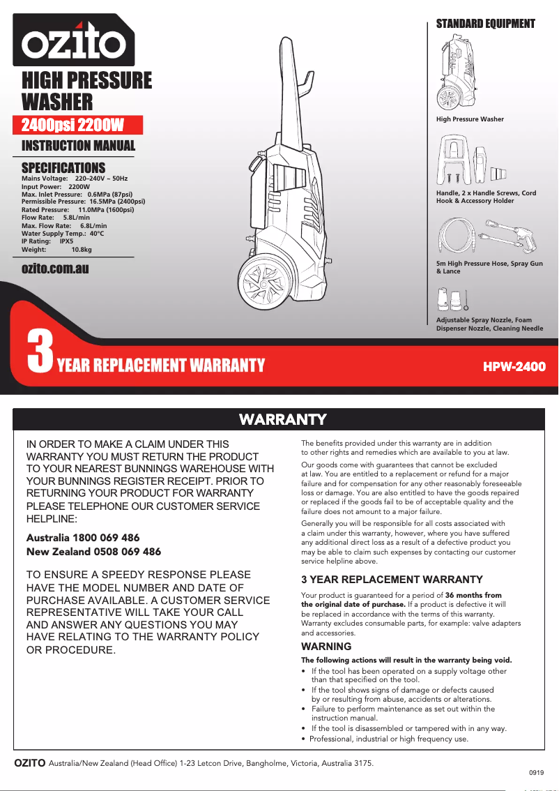 Página 1 del manual Manual de usuario Ozito HPW-2400